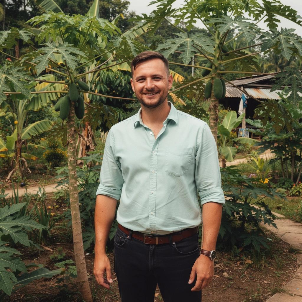 Čaj z papájových listov vo svetlej šálke, obklopený tropickými rastlinami.